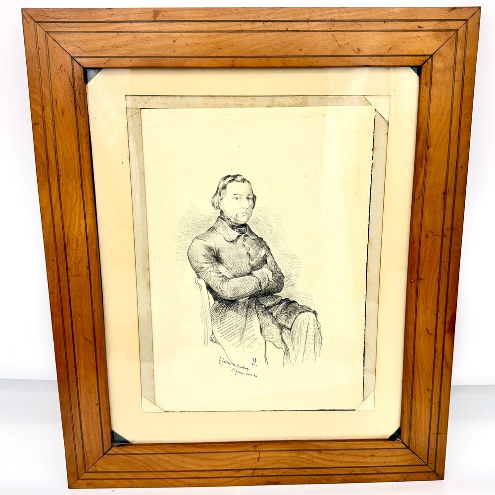 Johann Conrad Hamburger Portrait Sketch Antique Wood Frame Signed 1844